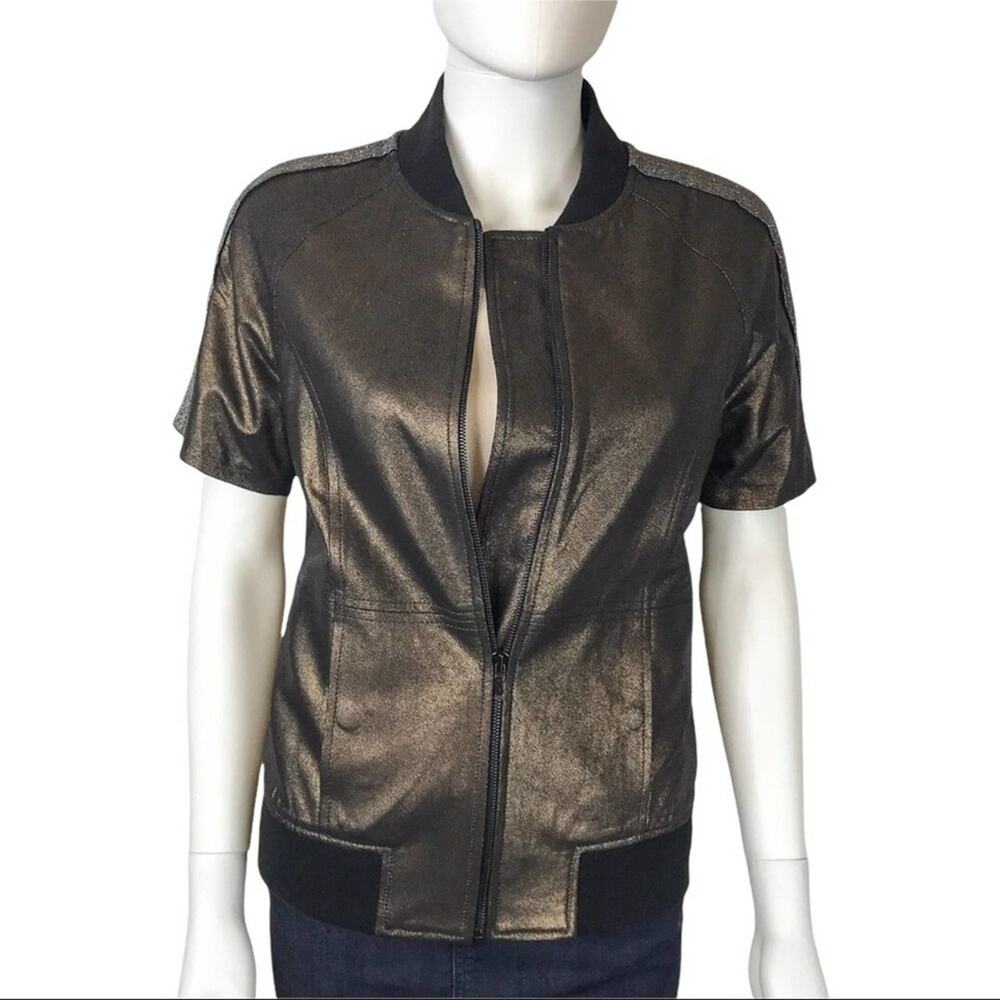 Neiman Marcus Gold Metallic Leather Jacket Short Sleeve Silver Detail